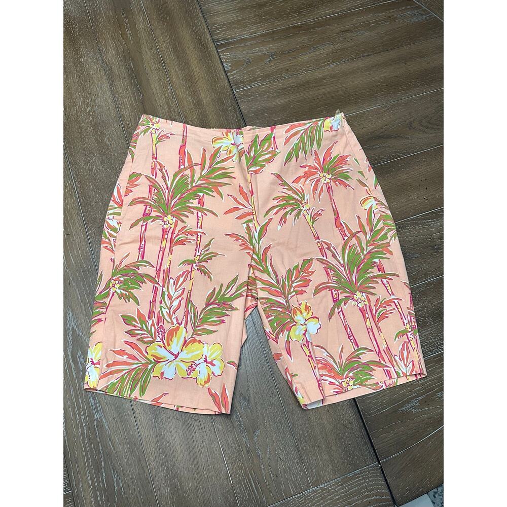 EUC Pappagallo Bermuda Shorts Tropical Palm Tree Peach Pink Green Sz 12 Side Zip - Picture 2 of 8